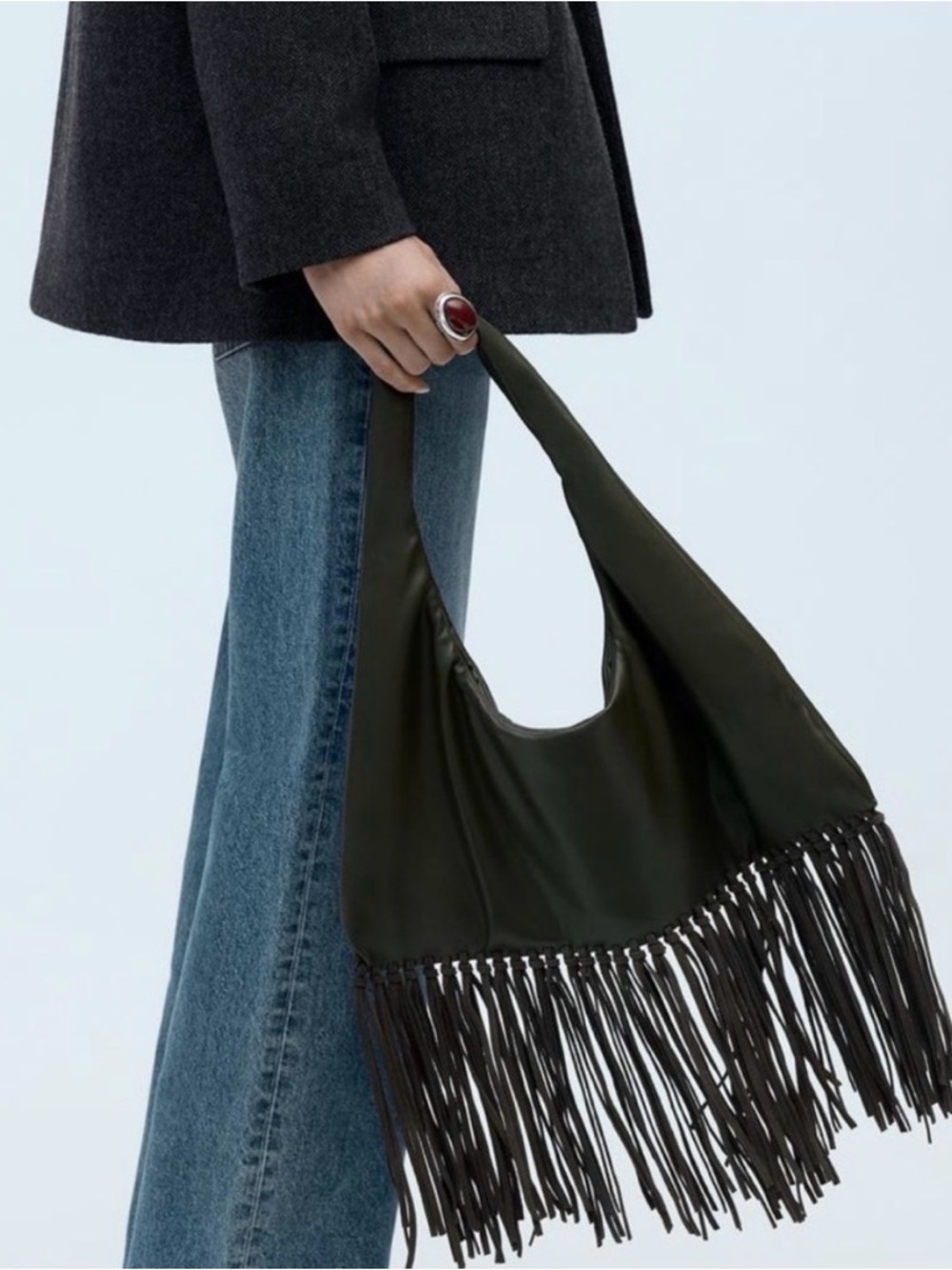 Zara Dark Olive Fringe Hobo Shoulder Bag